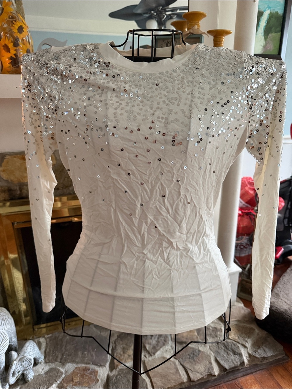 INC International Concepts White Sequin-Embellished Long-Sleeve Top
